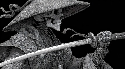 Detailed grayscale figurine of a skeletal samurai