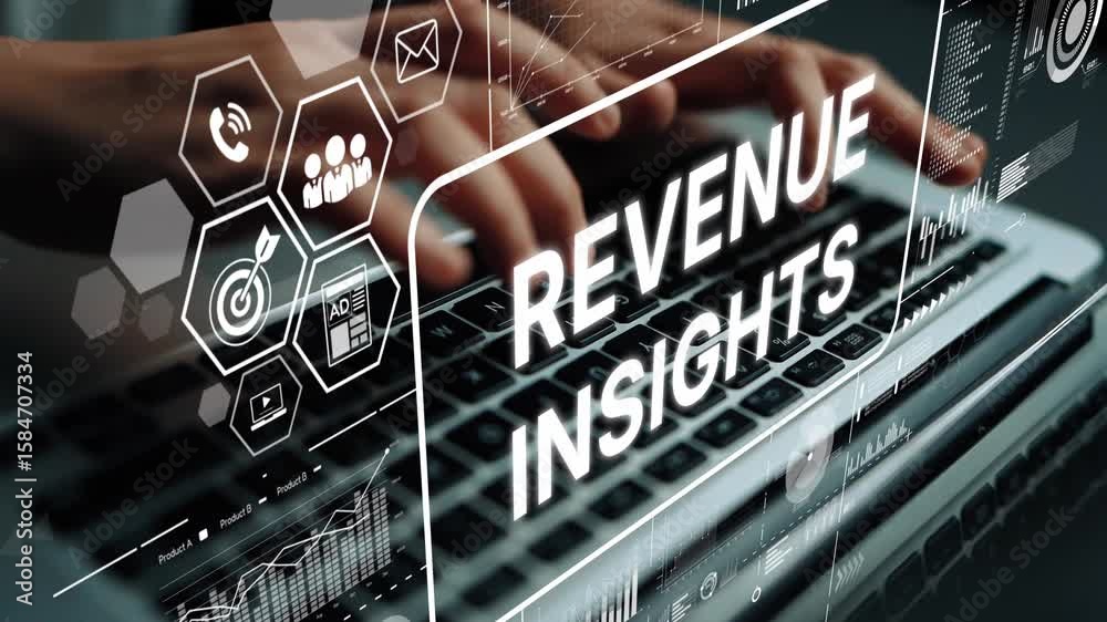 Poster innovative revenue insights and analytics concepts on digital interface with hands typing on laptop.