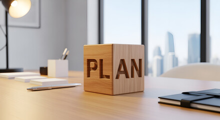Wooden Block Displaying PLAN on a Desk with Office Supplies.