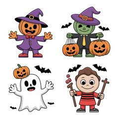 Vector art of a collection of cute cartoon halloween characters isolated on white background, including a pumpkin, ghost, witch, and monster