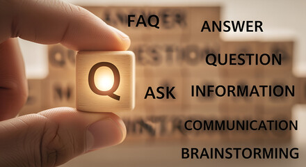Illuminated Letter Q Cube Held by Hand with Related Words in Background.