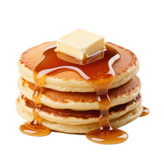 Stack of golden brown pancakes with melting butter and dripping syrup isolated on transparent background