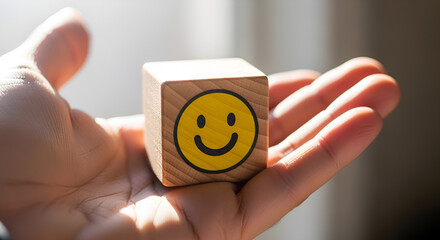 Wooden Block with Smiley Face Held in Open Palm Sunlight.