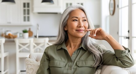 Fototapeta premium A smiling asian senior woman with long gray hair, wearing a green shirt, sits comfortably on a couch in a bright, modern living room, looking thoughtfully into the distance