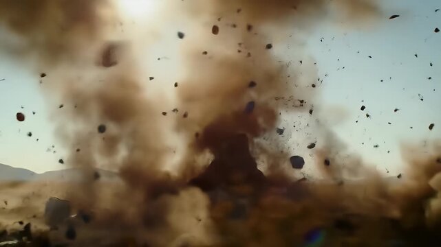 Dust and Debris Explode Upward in Slow Motion, Dramatic Aerial View of a powerful explosion with rocks and dust particles violently ejected into the air, creating a stunning visual effect.