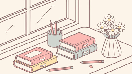 Cozy aesthetic study space with books, pencils, and flowers near a window illustration design art © Misbah