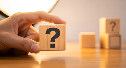 Hand Holding Question Mark Block with Other Blocks Soft Lighting and Focus.