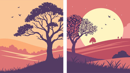 Beautiful landscape illustration with trees and birds at sunset nature scene vector graphic design