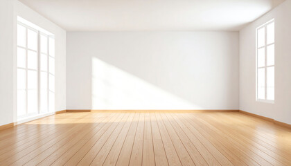 Bright, empty room with wooden flooring and large windows, allowing natural light to fill the space