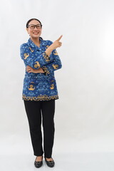 Full body beautiful indonesian government worker pointing and presenting something