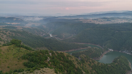 Aerial view of mountains and lake in Serbia ,nature reserve Uvac, view of the meanders
