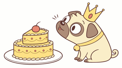 Cute pug dog with crown looking at cake dessert illustration for birthday party and celebration occasion