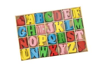 Tilted View of Colorful Alphabet Letters in a Box