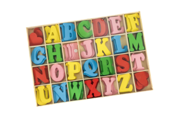 Tilted View of Colorful Alphabet Letters in a Box