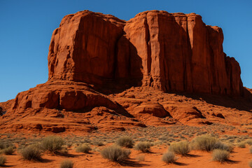 Red Sandstone Desert Rock Formation under Clear Blue Sky with Erosion Patterns and Dry Vegetation