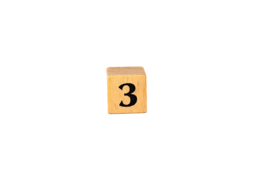 Wooden Number 3 Block on Isolated White Background with Copy Space
