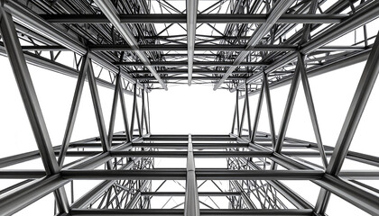 A striking view of metallic structural beams, showcasing intricate designs and geometric patterns from a unique upward perspective