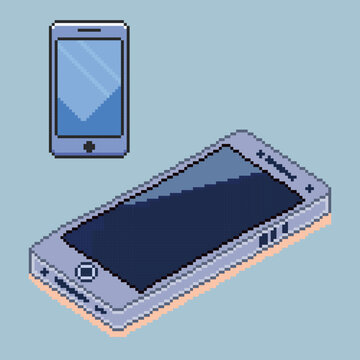 Vector illustration of a smartphone in pixel art style, combining retro aesthetics with modern tech. Ideal for UI, icons, games, and apps.