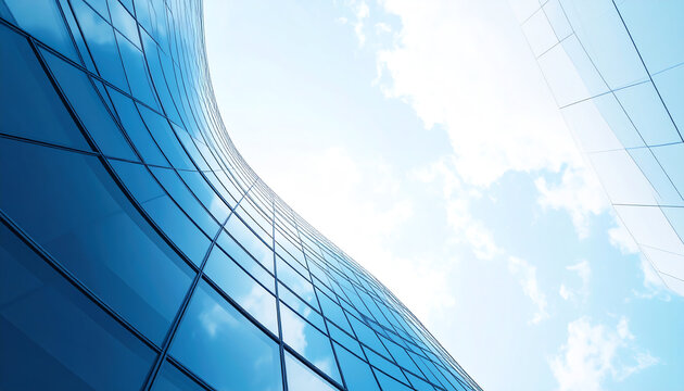 A modern architectural view looking up at curved glass buildings against a blue sky with clouds