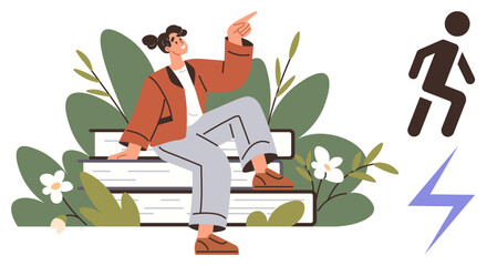 Young person seated on stacked books surrounded by leaves and flowers, pointing upward. Nearby are icons of movement and energy. Ideal for education, motivation, knowledge, growth, energy, success
