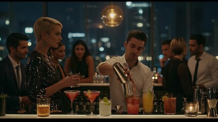 Stylish people enjoying cocktails at a rooftop bar overlooking a city nightscape - Powered by Adobe