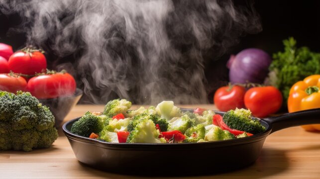 Freshly cooked broccoli florets and red pepper slices in a black-handled pan with rising steam, surrounded by raw vegetables including tomatoes, purple onion,  - Powered by Adobe
