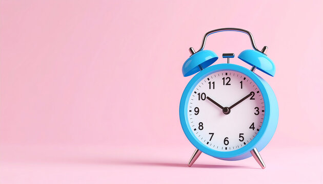 A bright blue alarm clock stands against a soft pink background, emphasizing its playful design and timeless function of keeping track of time