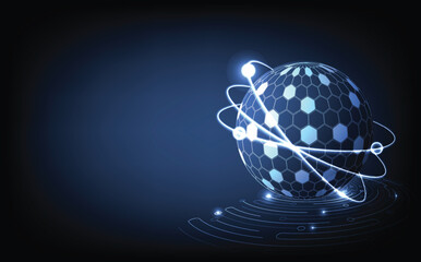 Futuristic digital hexagon sphere with glowing particle orbit and quantum design, representing AI, nanotechnology, big data, and high-tech innovation in a modern science and virtual computing