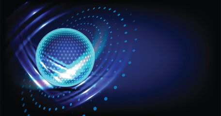 Futuristic digital sphere with glowing blue dot grid network structure on dark background, representing artificial intelligence, data communication, virtual connectivity, and modern tech visualization