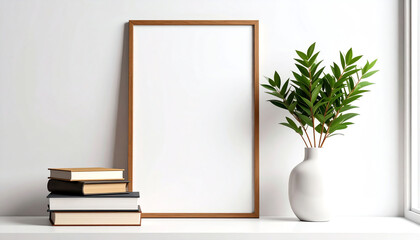 A minimalist setup featuring a blank frame, stacked books, and a vase with greenery, creating a serene and modern aesthetic