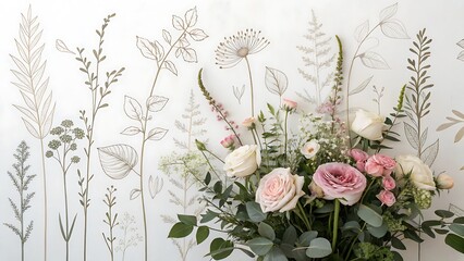 Obraz premium Elegant floral bouquet with pink and white roses against decorative botanical wall background in soft natural light 