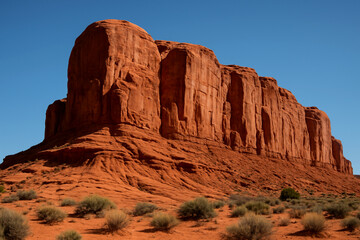 Fototapeta premium Red Sandstone Desert Rock Formation under Clear Blue Sky with Erosion Patterns and Dry Vegetation