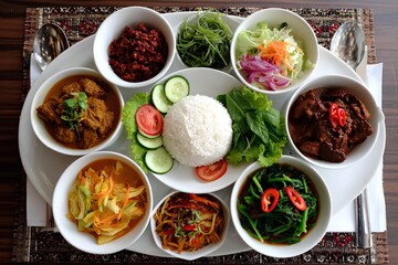 Indonesian Nasi Padang Set with Leafy Vegetables and Curry