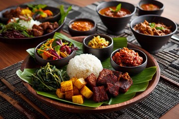 Traditional Nasi Padang Platter with Beef Rendang and Sambal.