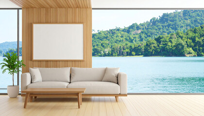 Modern living room with a scenic view of a lake and forest, featuring a minimalist sofa, wooden accents, and large windows for natural light