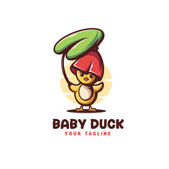 A cute baby duck mascot logo character wearing a flower hat with green leaves holding a stem, Playful, Childlike illustration