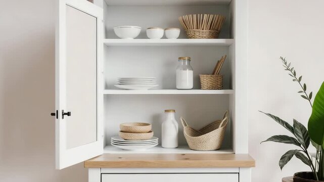 White cupboard with open door showcasing minimalist kitchenware inside