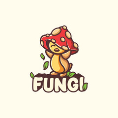 Joyful Cartoon Fungi Character:  Happy Mushroom Chick Mascot Logo Design, Vector Illustration