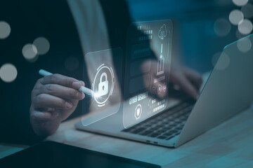 Cyber security and futuristic technology concept showing businessman touching fingerprint interface, scanning password with digital icons, AI system, and advanced biometric authentication tools.