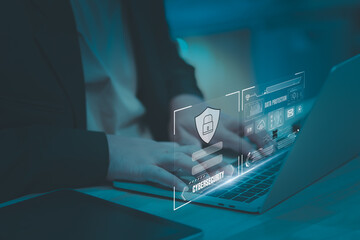 Cyber security and futuristic technology concept showing businessman touching fingerprint interface, scanning password with digital icons, AI system, and advanced biometric authentication tools.