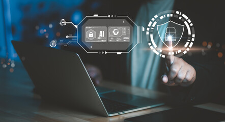 Cyber security and futuristic technology concept showing businessman touching fingerprint interface, scanning password with digital icons, AI system, and advanced biometric authentication tools.