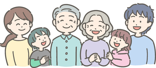 祖父母・父母・孫が笑顔の3世代家族のイラスト
