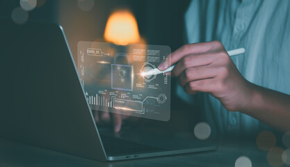 Businessman using fingerprint scan with AI and cyber security icons for password protection, biometric data access, padlock interface, and futuristic tech safeguarding sensitive online information.