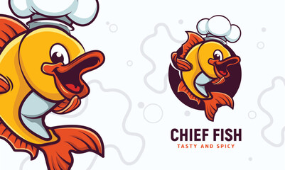 Playful Cartoon Chef Fish Mascot logo:  Vibrant,  Happy,  Restaurant Branding,  Spicy Food Illustration