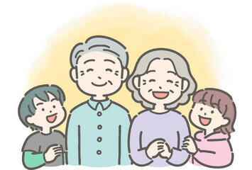 祖父母・孫が笑顔の家族のイラスト
