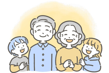 祖父母・孫が笑顔の家族のイラスト

