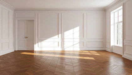 A bright, minimalist room featuring white walls, wooden flooring, and natural light streaming through a large window, creating a peaceful atmosphere