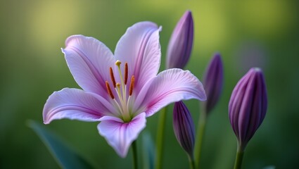 Fototapeta premium Purple Lily Blooming with Buds Ready to Open – Realistic Floral Photography