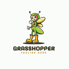 Cheerful Cartoon Grasshopper Mascot logo:  Friendly, Green,  Smiling,  Wearing Boots,  Vector Illustration.