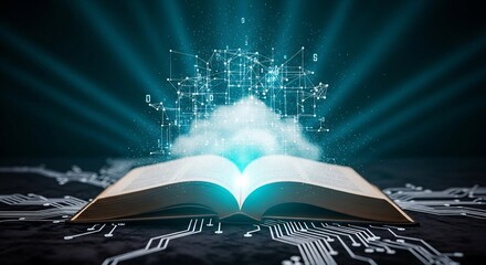 Digital transformation concept with open book cloud computing and circuit board background design
